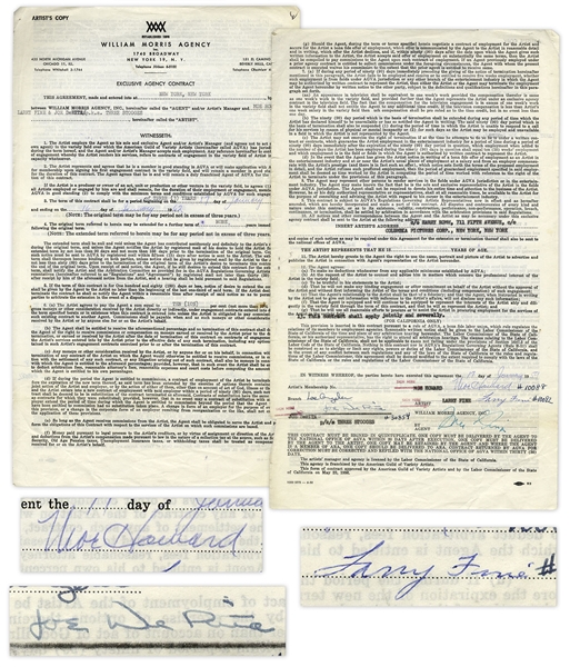 Three Stooges Contract Signed by Moe Howard, Larry Fine & Joe DeRita From January 1959 With William Morris Agency -- 2pp. on Single 8.5'' x 14'' Sheet -- Very Good Condition